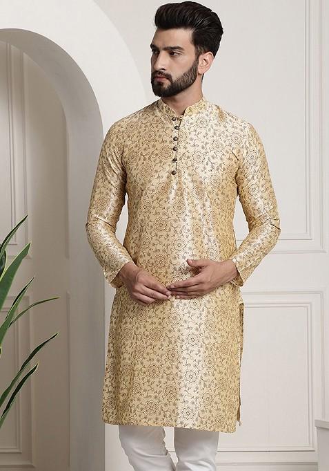 Beige Ethnic Motifs Poly Blend Kurta For Men