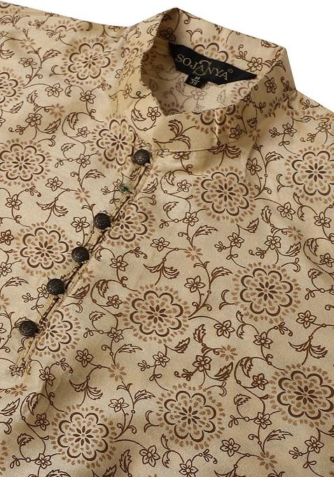 Beige Ethnic Motifs Poly Blend Kurta For Men