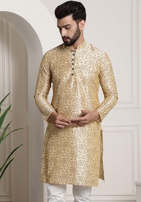 Beige Ethnic Motifs Poly Blend Kurta For Men