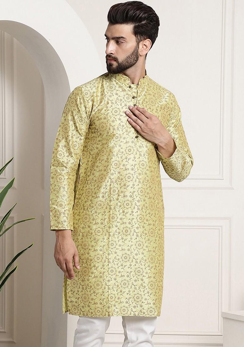 Green Ethnic Motifs Poly Blend Kurta For Men