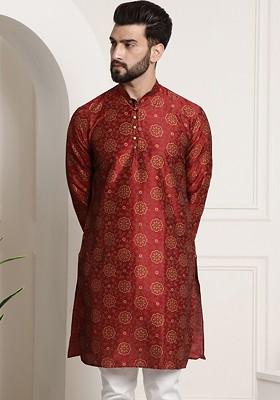 Maroon Ethnic Motifs Poly Blend Kurta For Men