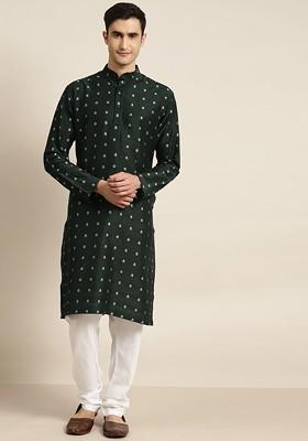 Green Woven Jacquard Kurta For Men