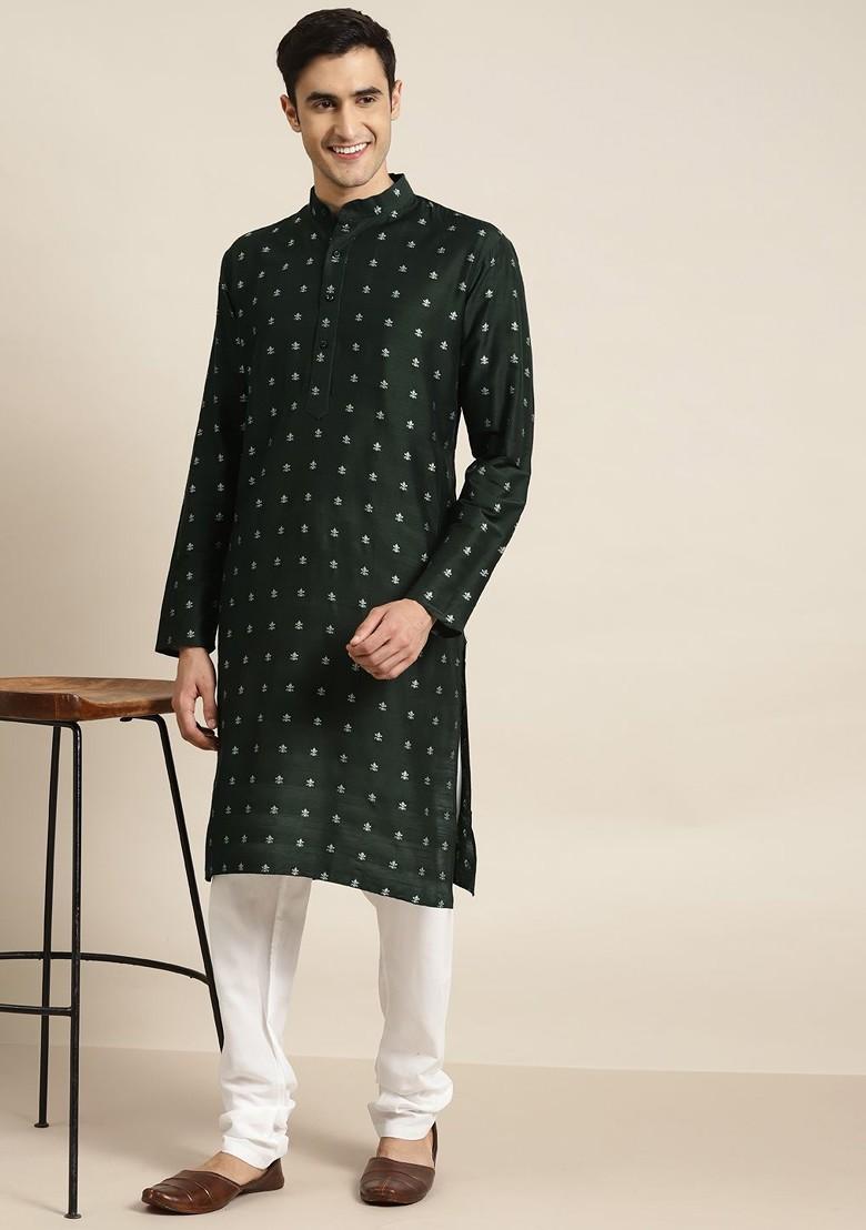 Green Woven Jacquard Kurta For Men