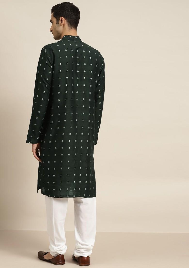Green Woven Jacquard Kurta For Men