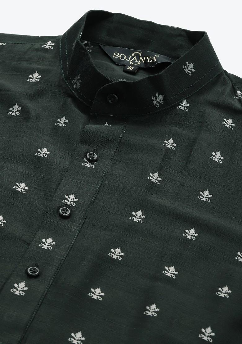 Green Woven Jacquard Kurta For Men