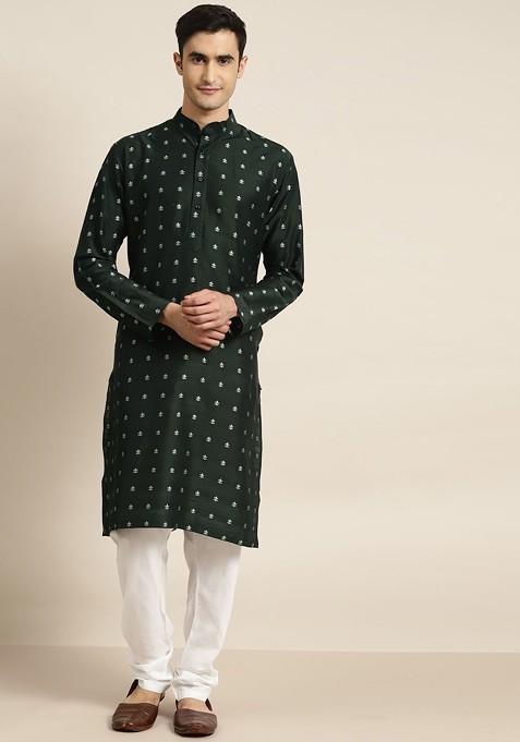 Green Woven Jacquard Kurta For Men