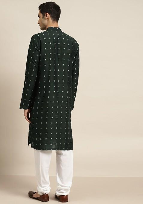 Green Woven Jacquard Kurta For Men