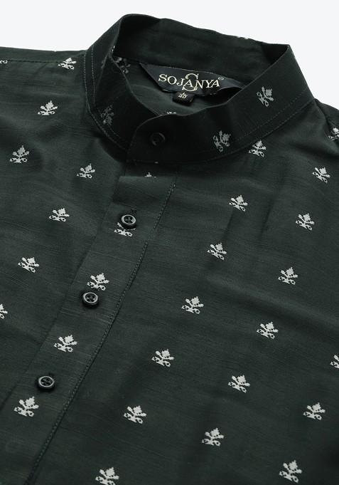 Green Woven Jacquard Kurta For Men