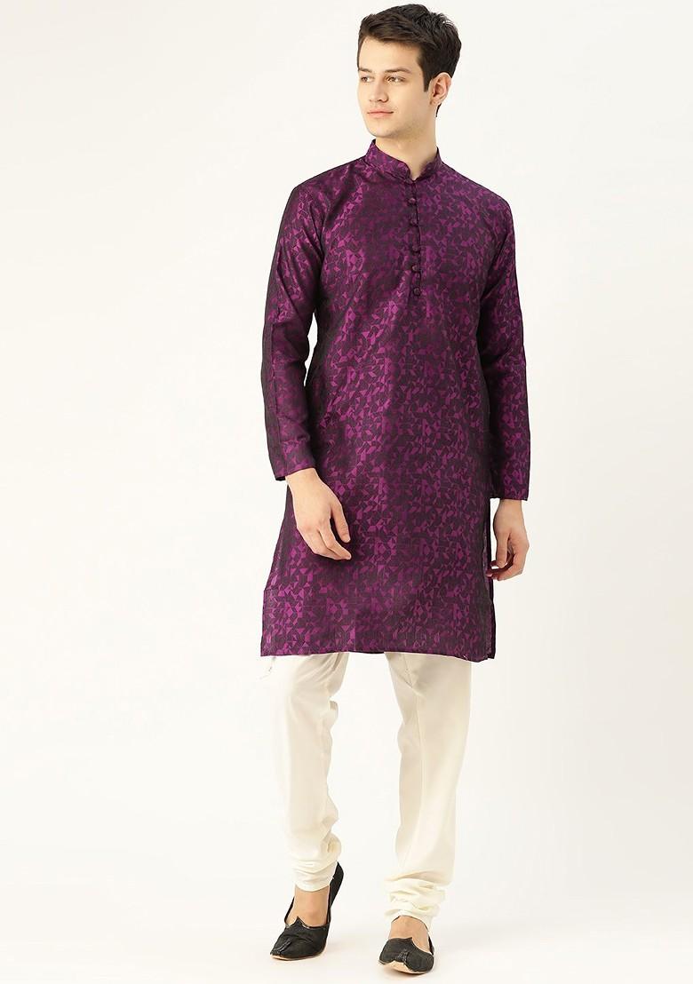Purple Woven Poly Blend Kurta For Men