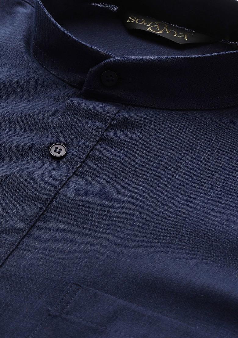 Navy Blue Solid Poly Blend Kurta For Men