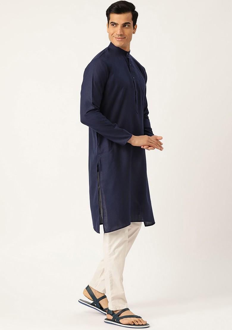 Navy Blue Solid Poly Blend Kurta For Men