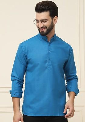 Teal Blue Solid Poly Blend Kurta For Men