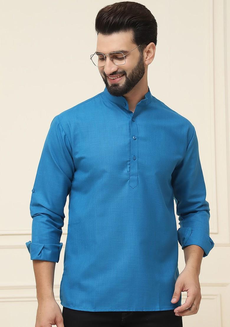 Teal Blue Solid Poly Blend Kurta For Men