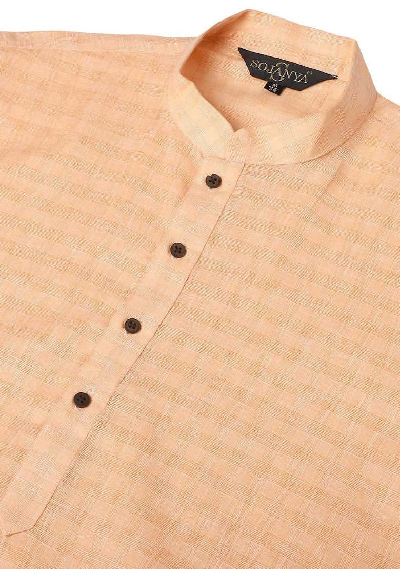 Peach Checked Poly Blend Kurta For Men