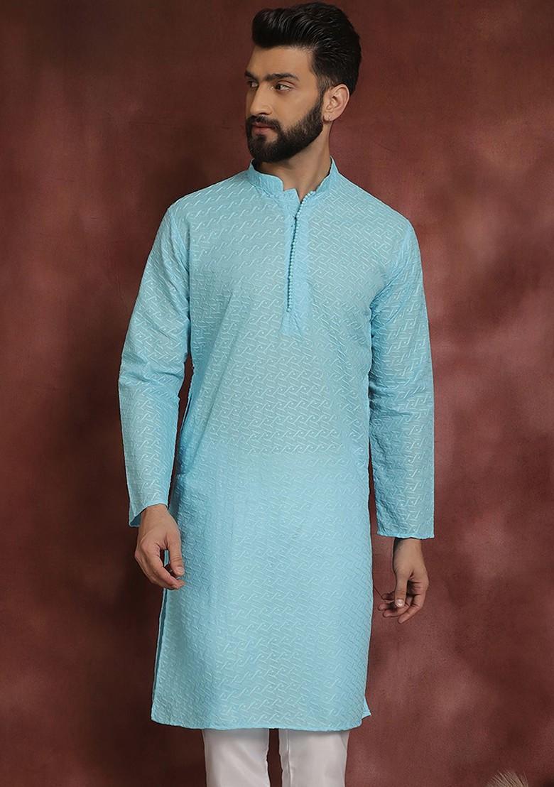 Blue Embroidered Poly Blend Kurta For Men