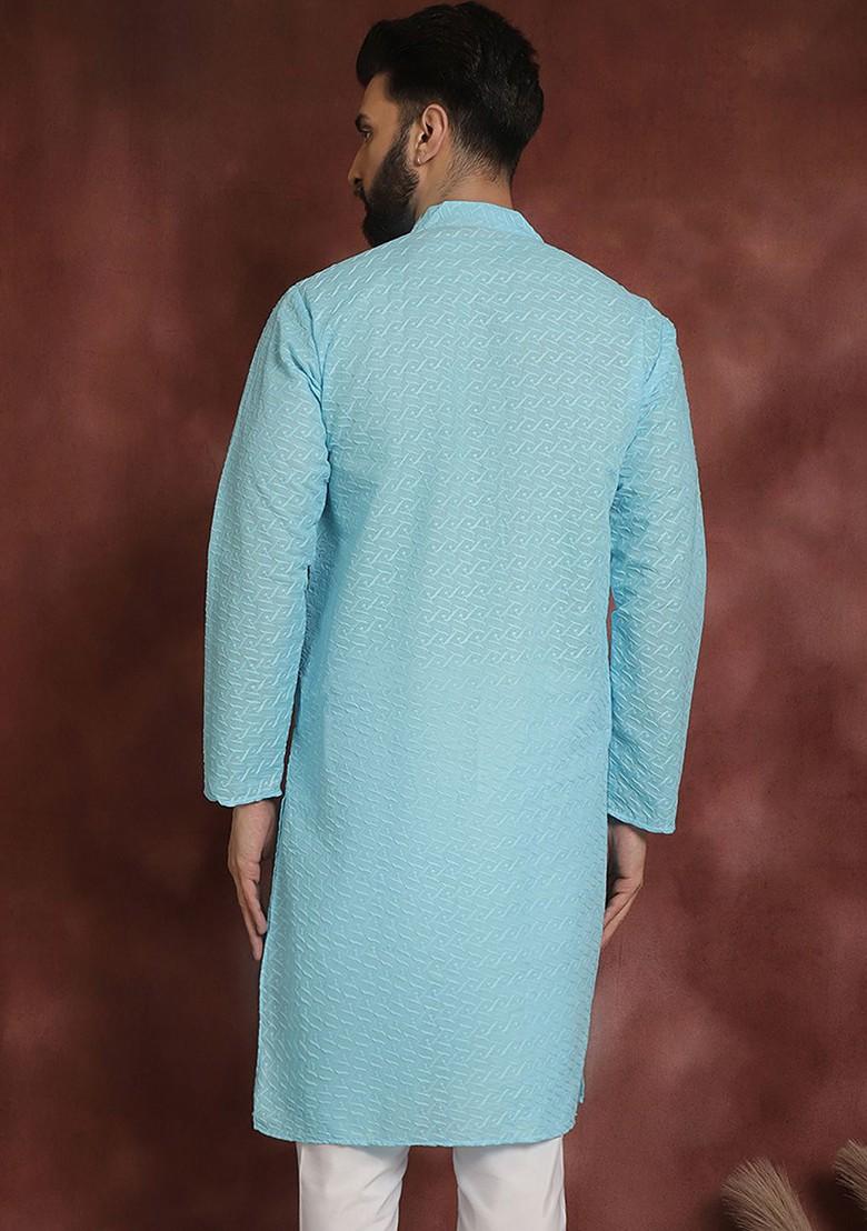 Blue Embroidered Poly Blend Kurta For Men