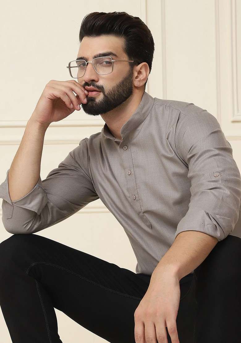 Grey Solid Poly Blend Kurta For Men - Indya