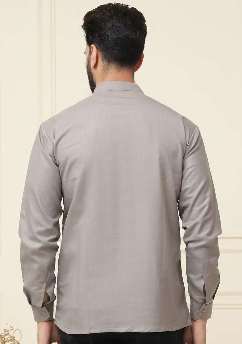 Grey Solid Poly Blend Kurta For Men - Indya