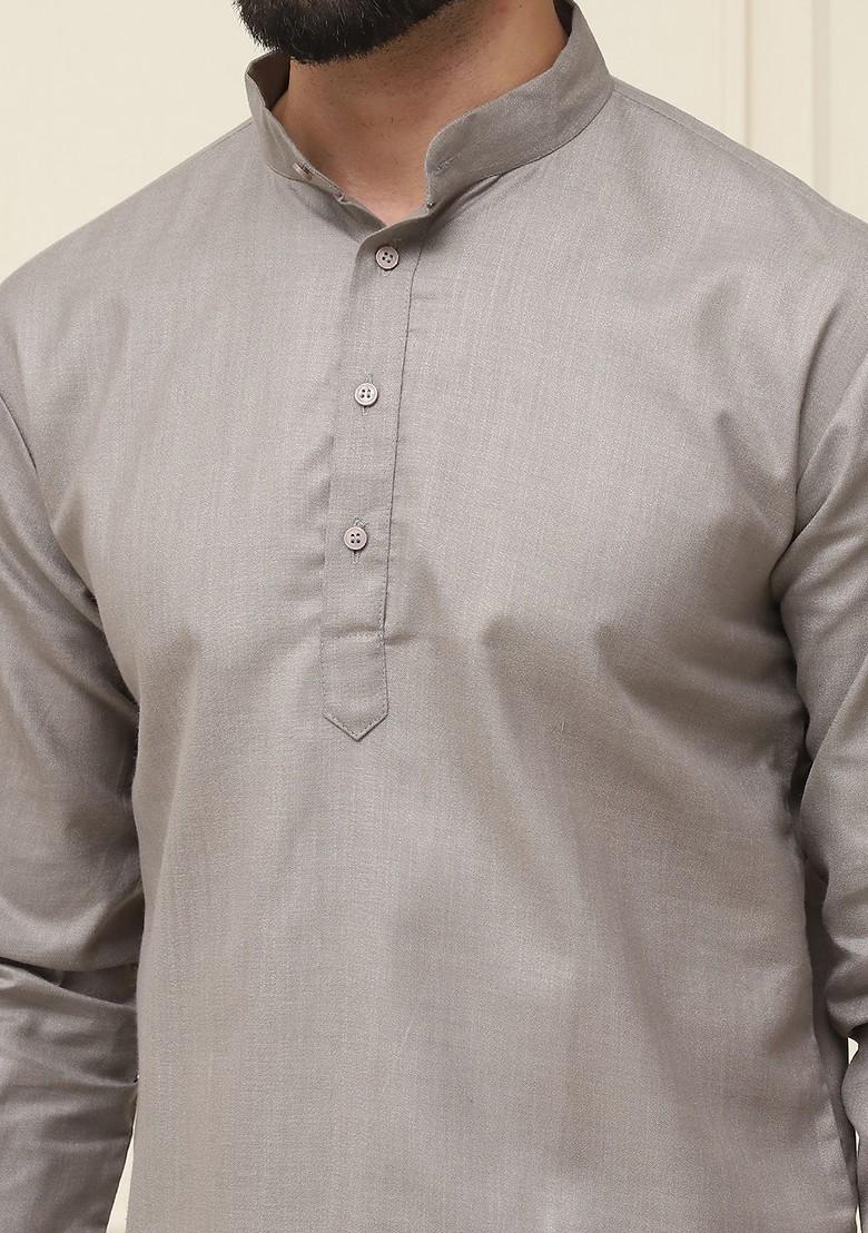 Grey Solid Poly Blend Kurta For Men