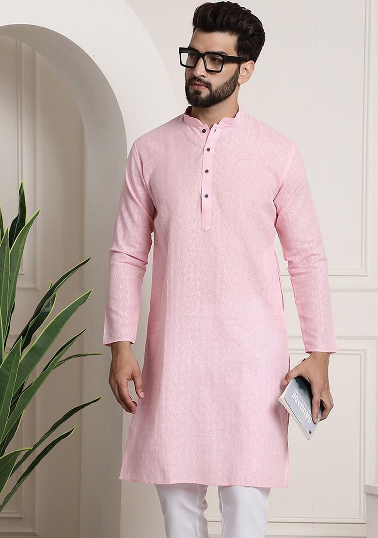 Pink Checked Poly Blend Kurta For Men