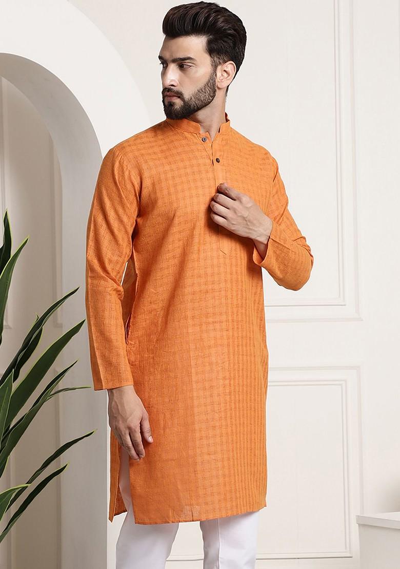 Orange Checked Poly Blend Kurta For Men