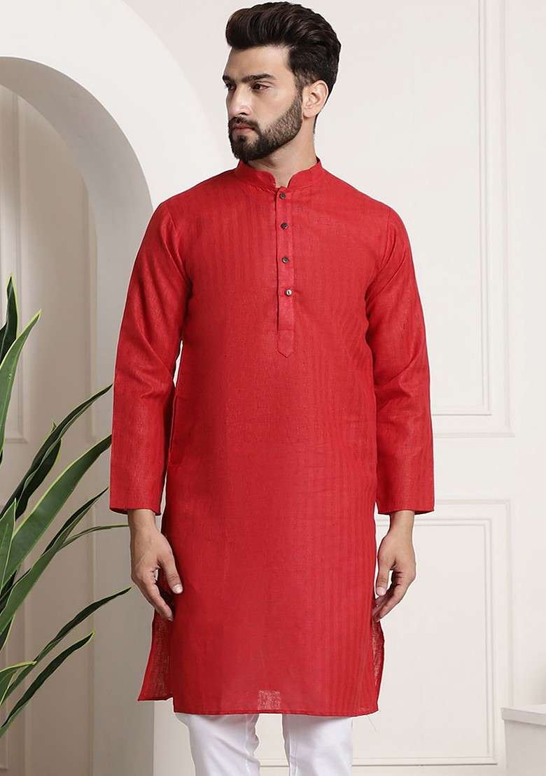 Red Checked Poly Blend Kurta For Men - Indya