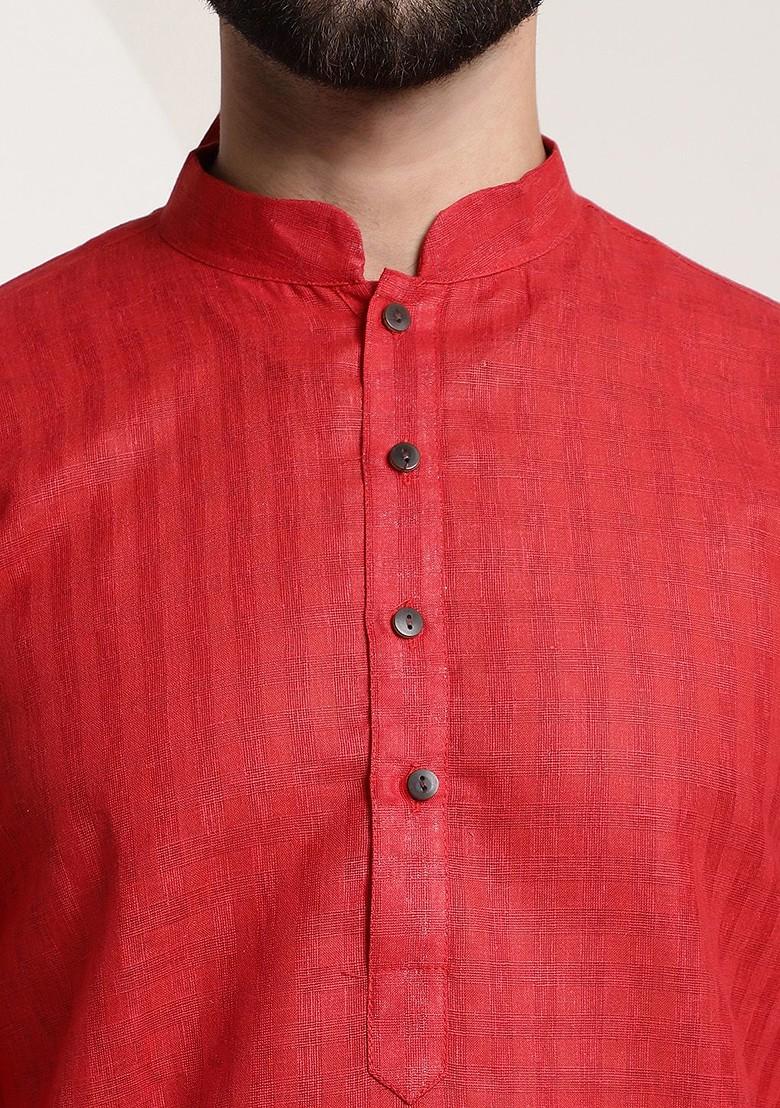 Red Checked Poly Blend Kurta For Men
