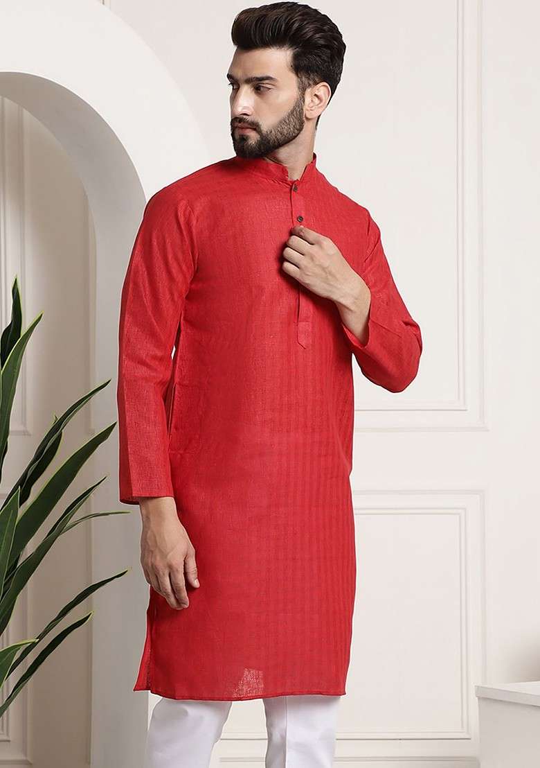 Red Checked Poly Blend Kurta For Men - Indya