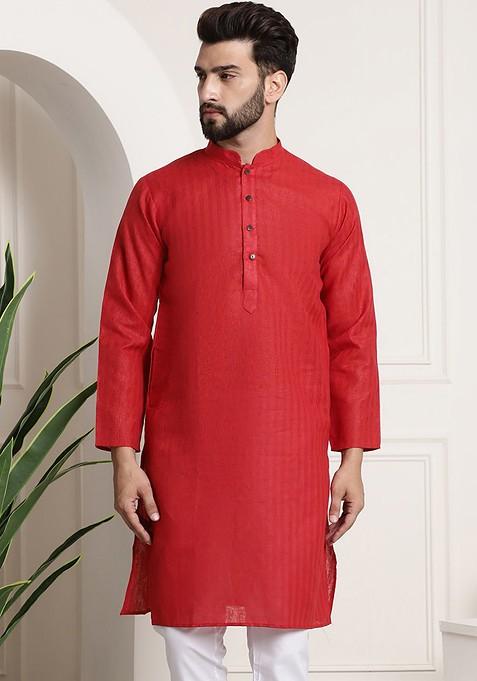 Red Checked Poly Blend Kurta For Men — view on Indya