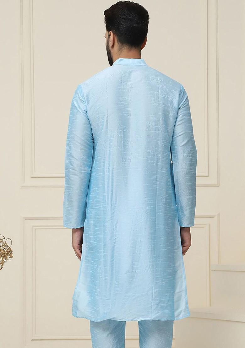 Turquoise Blue Solid Poly Blend Kurta For Men