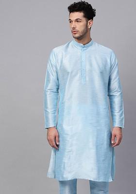 Teal Blue Solid Poly Blend Kurta For Men