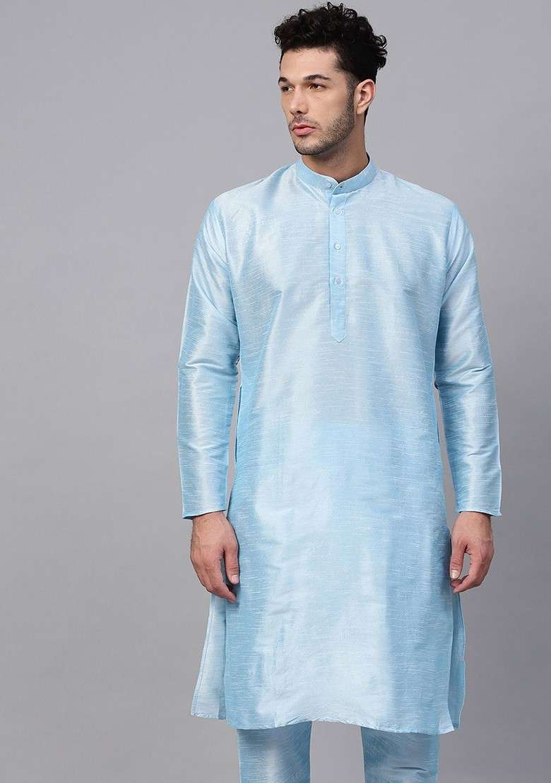 Teal Blue Solid Poly Blend Kurta For Men - Indya
