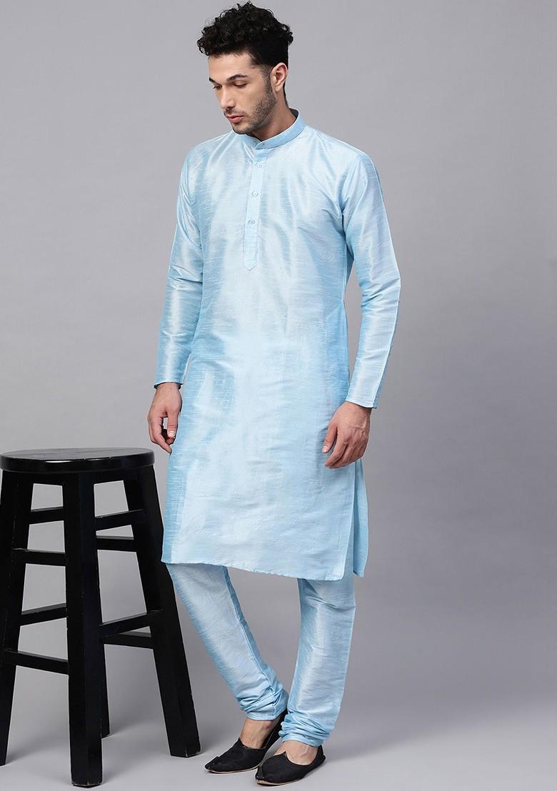 Teal Blue Solid Poly Blend Kurta For Men