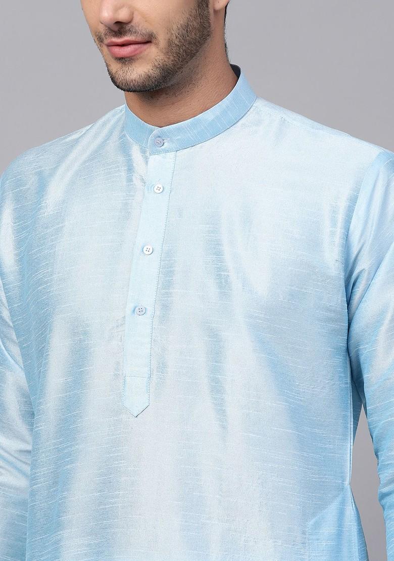 Teal Blue Solid Poly Blend Kurta For Men