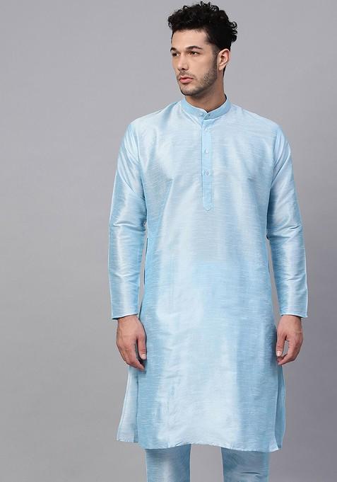 Teal Blue Solid Poly Blend Kurta For Men — view on Indya