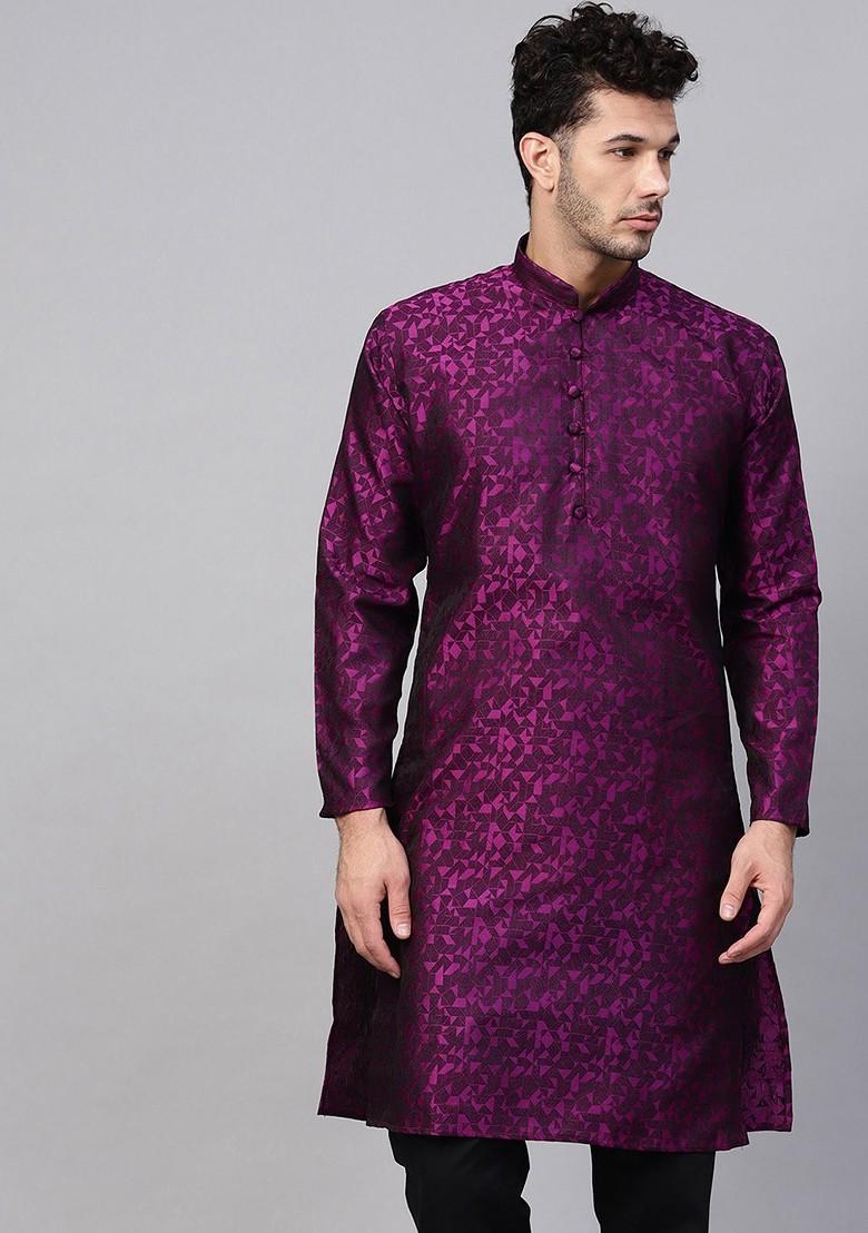 Burgundy Woven Poly Blend Kurta For Men