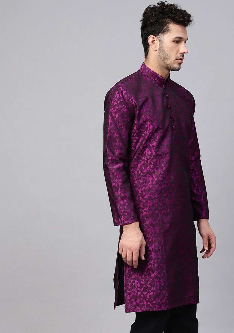 Burgundy Woven Poly Blend Kurta For Men - Indya