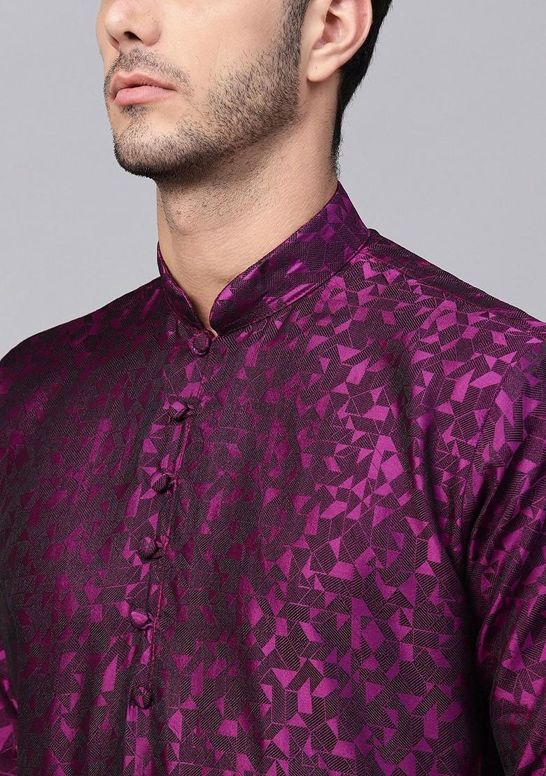 Burgundy Woven Poly Blend Kurta For Men