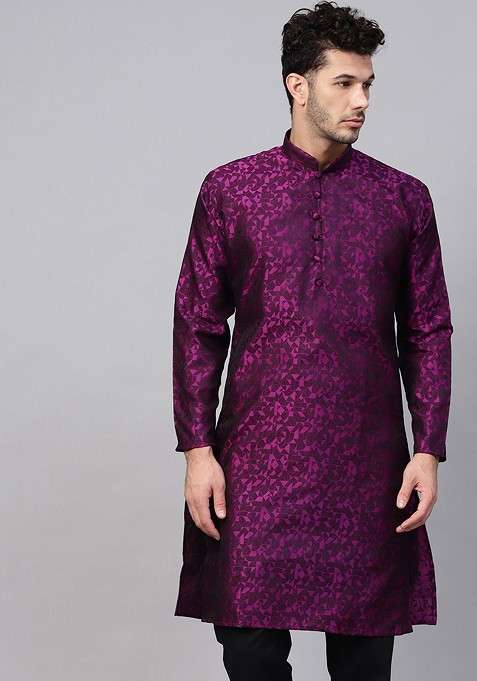 Burgundy Woven Poly Blend Kurta For Men