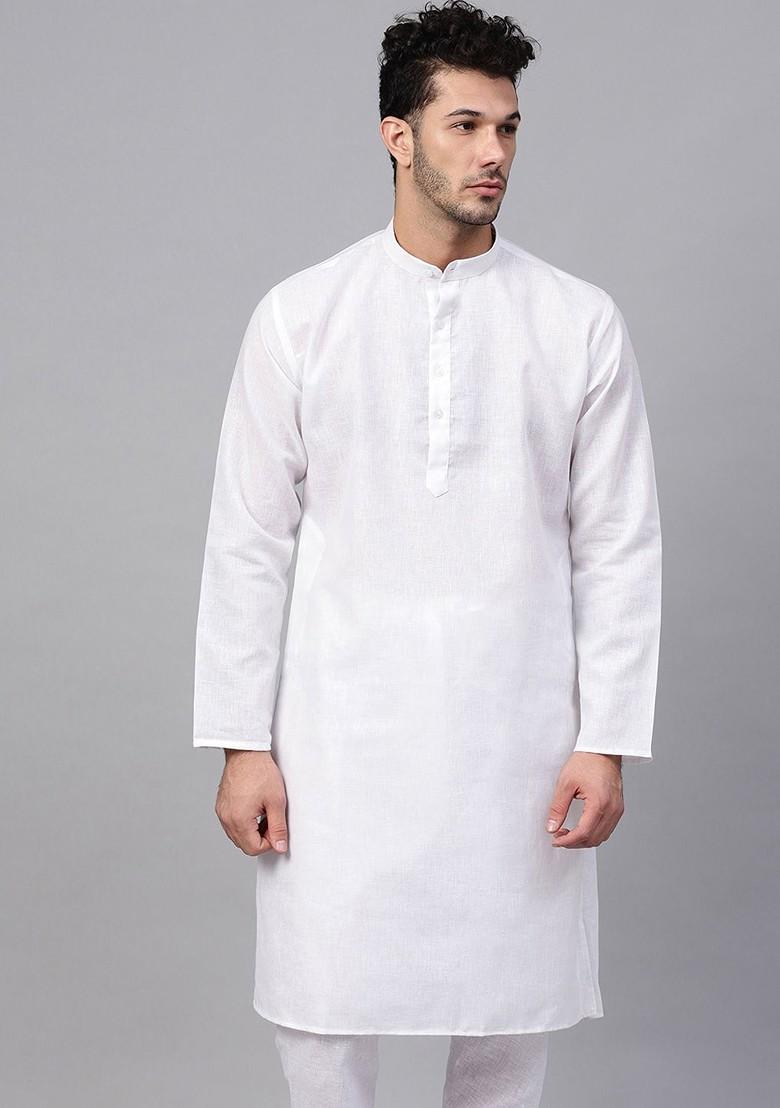 White Solid Poly Blend Kurta For Men