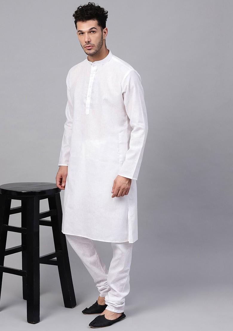 White Solid Poly Blend Kurta For Men