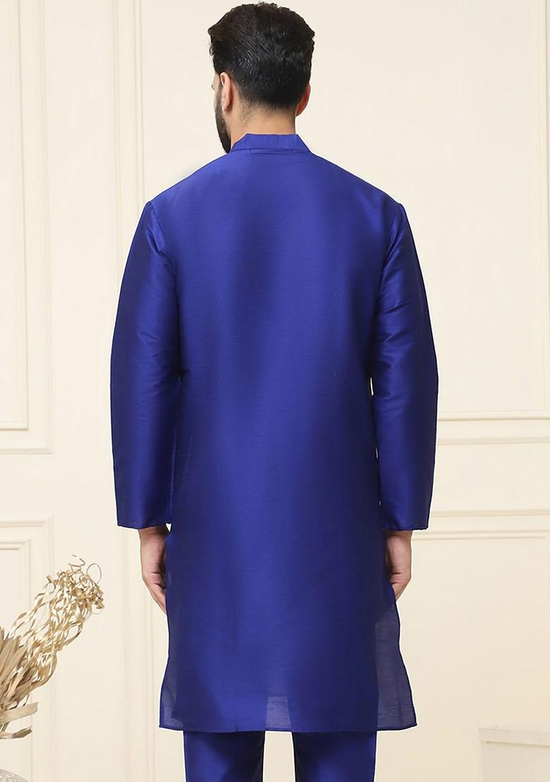 Blue Solid Poly Blend Kurta For Men