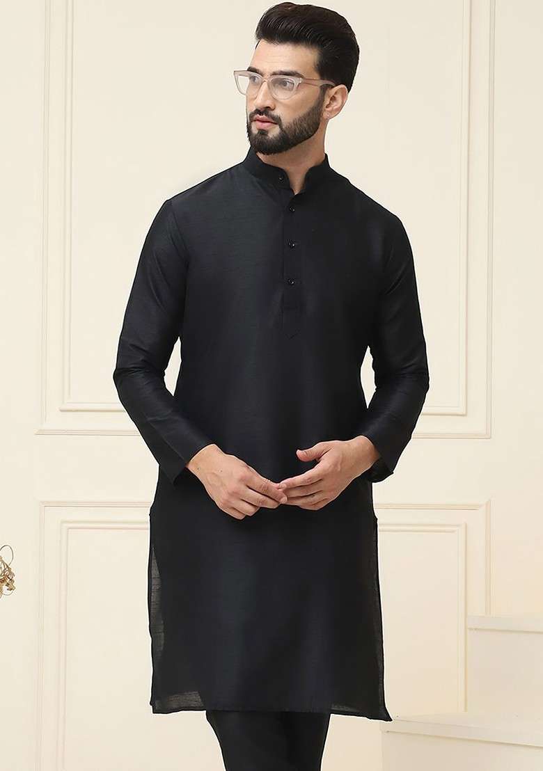 Black Solid Poly Blend Kurta For Men - Indya