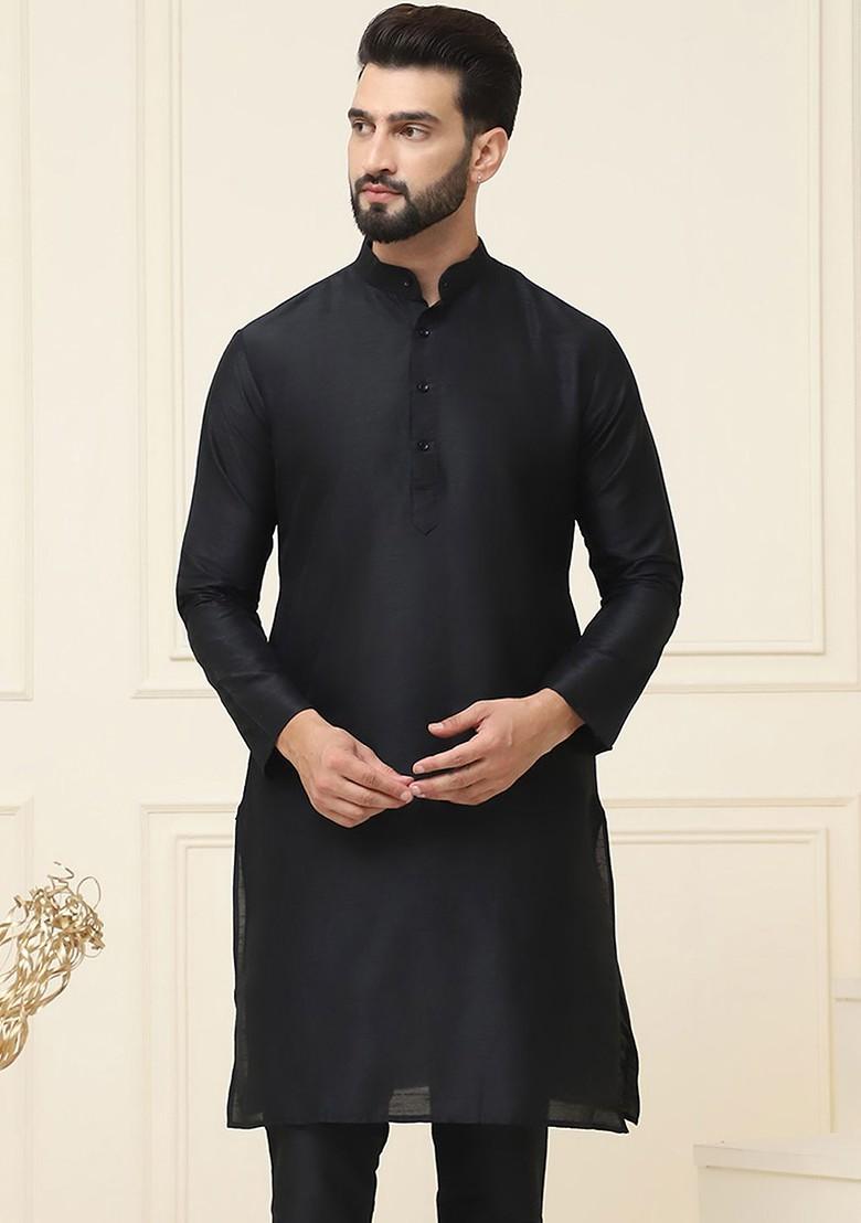 Black Solid Poly Blend Kurta For Men
