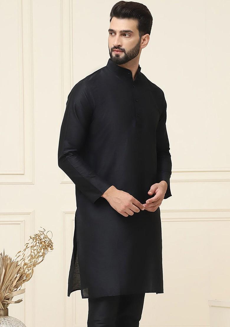 Black Solid Poly Blend Kurta For Men