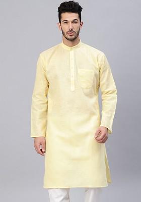 Yellow Solid Poly Blend Kurta For Men