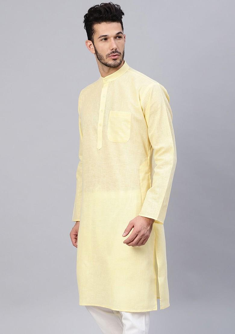 Yellow Solid Poly Blend Kurta For Men