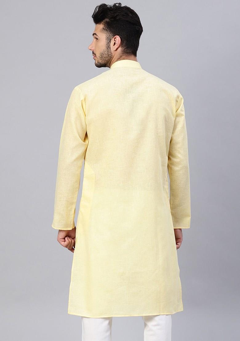Yellow Solid Poly Blend Kurta For Men