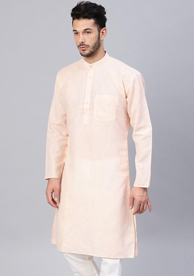 Cream Solid Poly Blend Kurta For Men