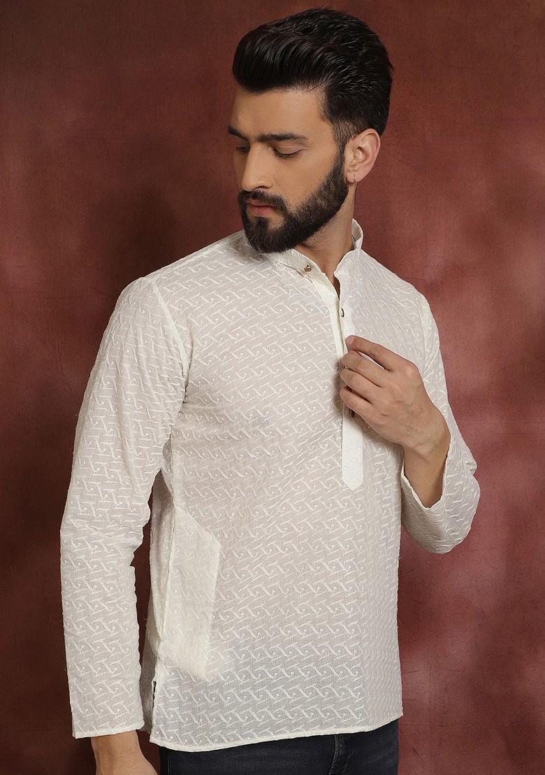 Off White Embroidered Poly Blend Kurta For Men